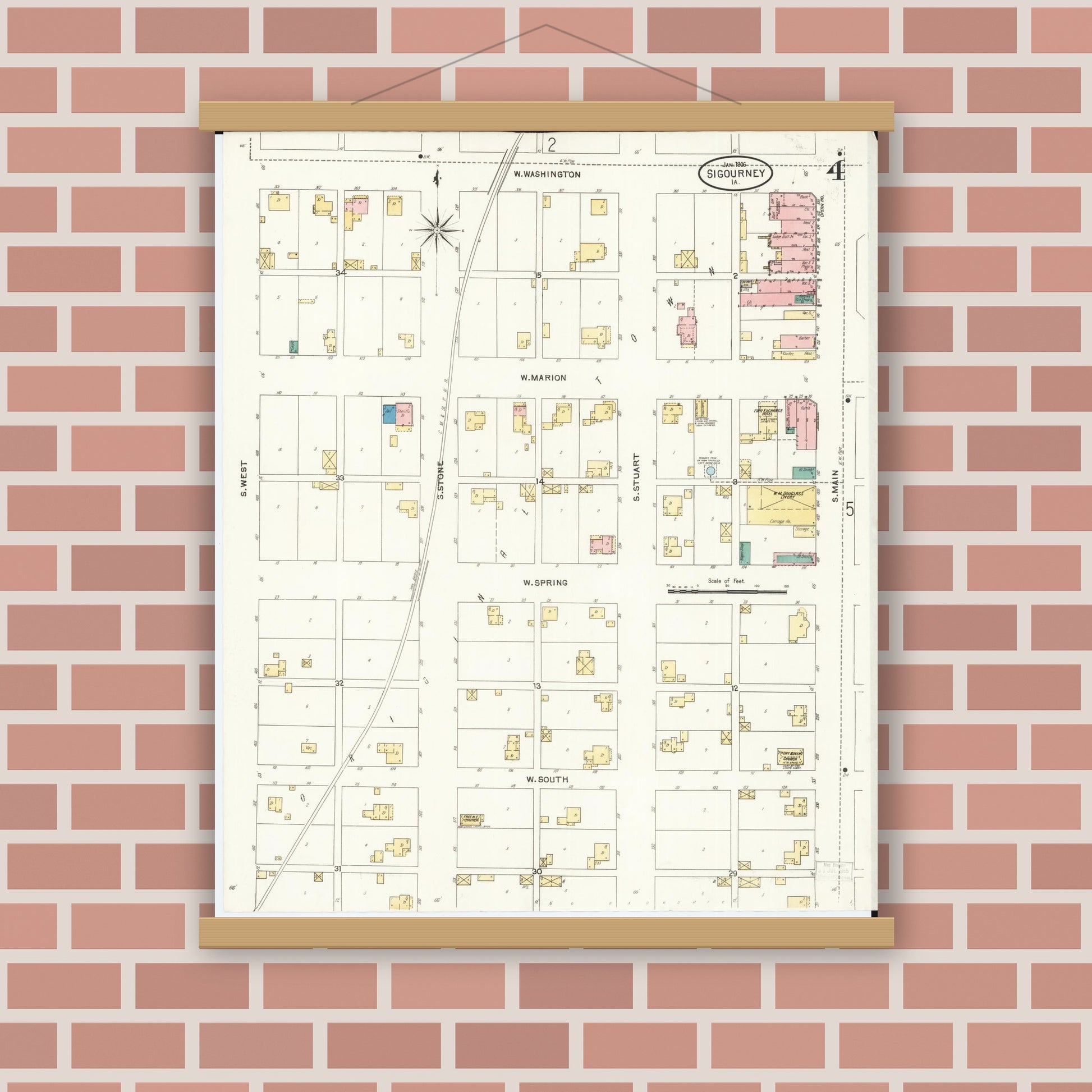 Old map wall art mockup — magnetic wood frame on brick wall — Sanborn Fire Insurance Map from Sigourney, Kiokuk County, Iowa (1906), Sheet #0004