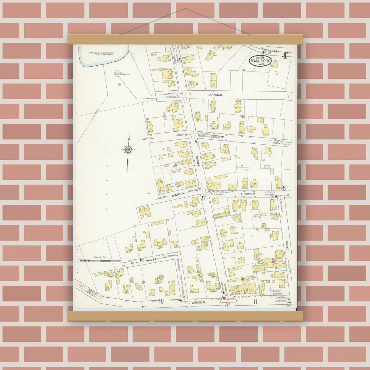 Old map wall art mockup — magnetic wood frame on brick wall — Sanborn Fire Insurance Map from Marlborough, Middlesex County, Massachusetts (1912), Sheet #0004