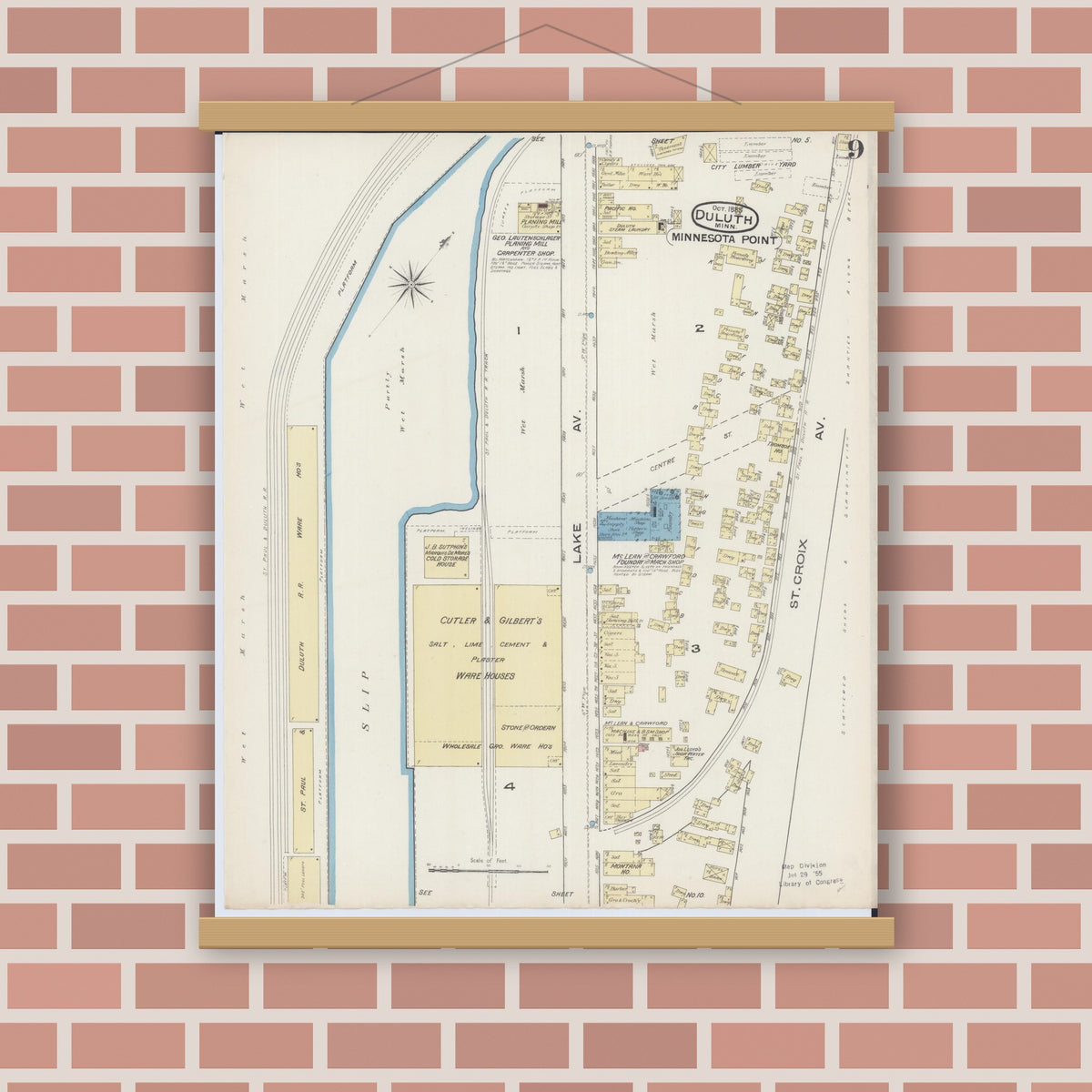 Old map wall art mockup — magnetic wood frame on brick wall — Sanborn Fire Insurance Map from Duluth, Saint Louis County, Minnesota (1885), Sheet #0009