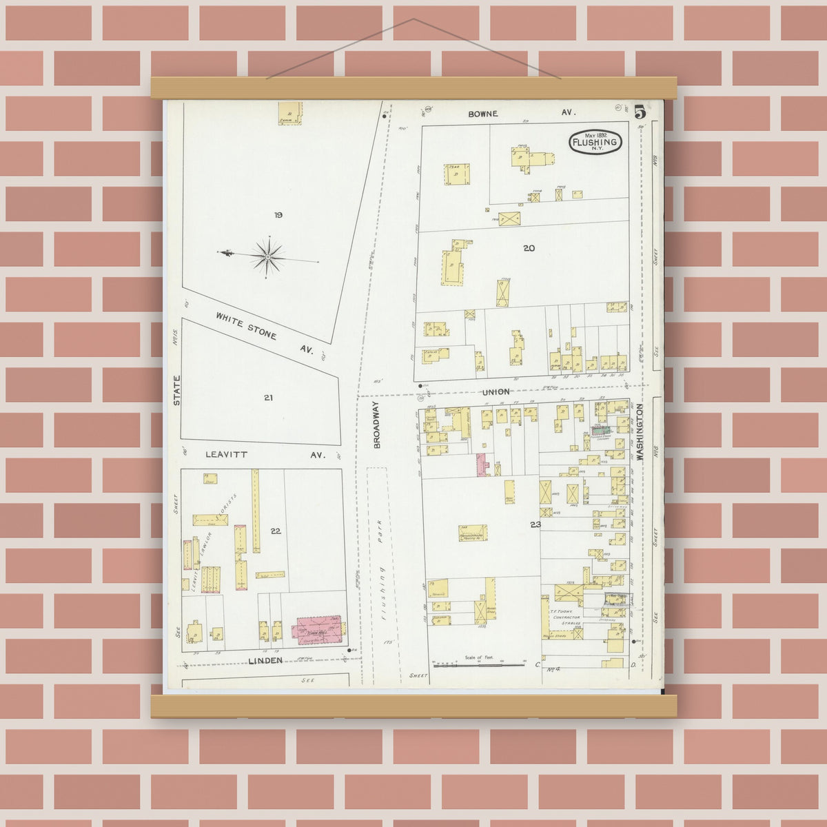 Old map wall art mockup — magnetic wood frame on brick wall — Sanborn Fire Insurance Map from Flushing, Queens County, New York (1892), Sheet #0005