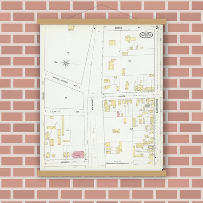 Old map wall art mockup — magnetic wood frame on brick wall — Sanborn Fire Insurance Map from Flushing, Queens County, New York (1892), Sheet #0005