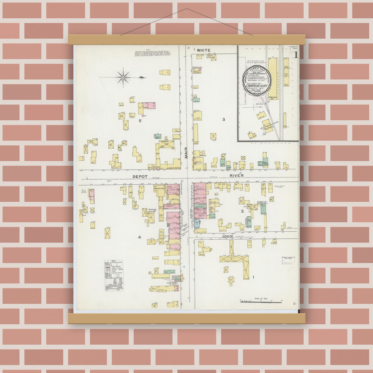 Old map wall art mockup — magnetic wood frame on brick wall — Sanborn Fire Insurance Map from Chateaugay, Franklin County, New York (1892) - Complete Map Set