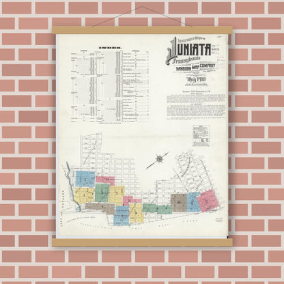 Old map wall art mockup — magnetic wood frame on brick wall — Sanborn Fire Insurance Map from Juniata, Blair County, Pennsylvania (1910) - Complete Map Set