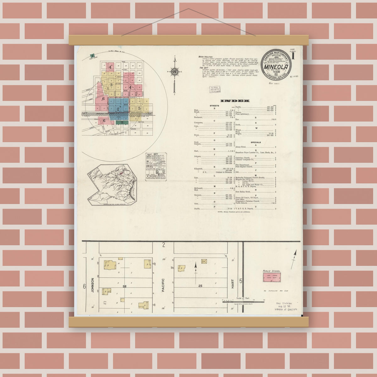 Old map wall art mockup — magnetic wood frame on brick wall — Sanborn Fire Insurance Map from Mineola, Wood County, Texas (1921), Sheet #0001