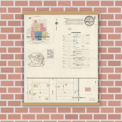 Old map wall art mockup — magnetic wood frame on brick wall — Sanborn Fire Insurance Map from Mineola, Wood County, Texas (1921), Sheet #0001