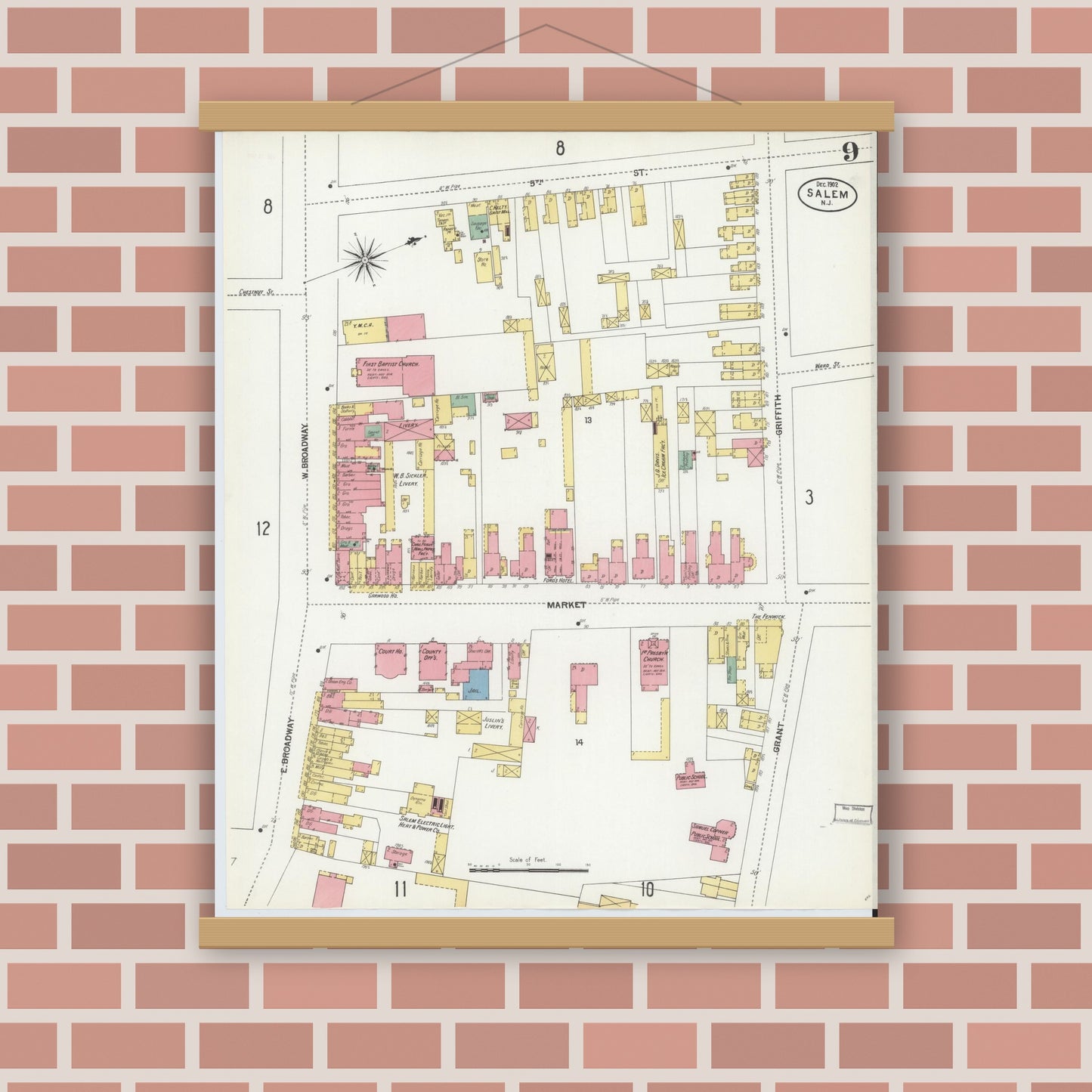 Old map wall art mockup — magnetic wood frame on brick wall — Sanborn Fire Insurance Map from Salem, Salem County, New Jersey (1902), Sheet #0009