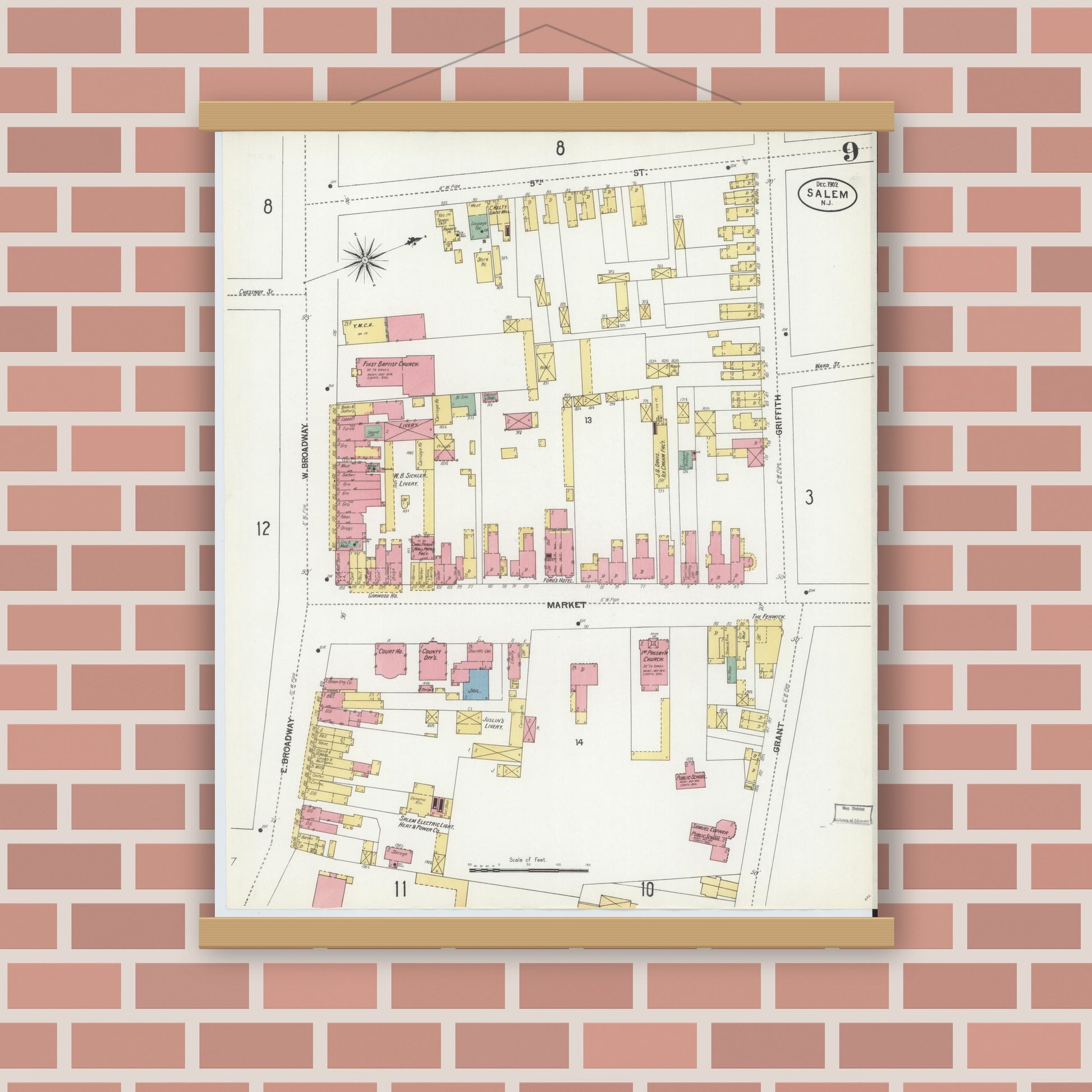 Old map wall art mockup — magnetic wood frame on brick wall — Sanborn Fire Insurance Map from Salem, Salem County, New Jersey (1902), Sheet #0009