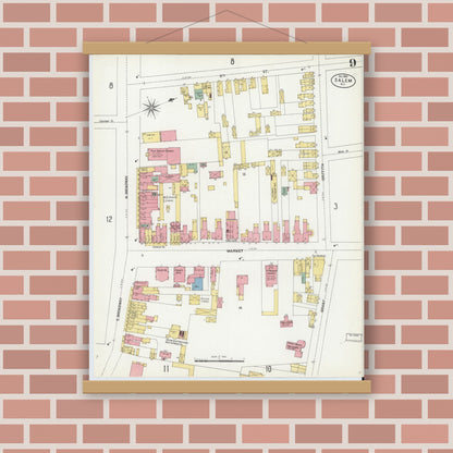 Old map wall art mockup — magnetic wood frame on brick wall — Sanborn Fire Insurance Map from Salem, Salem County, New Jersey (1902), Sheet #0009