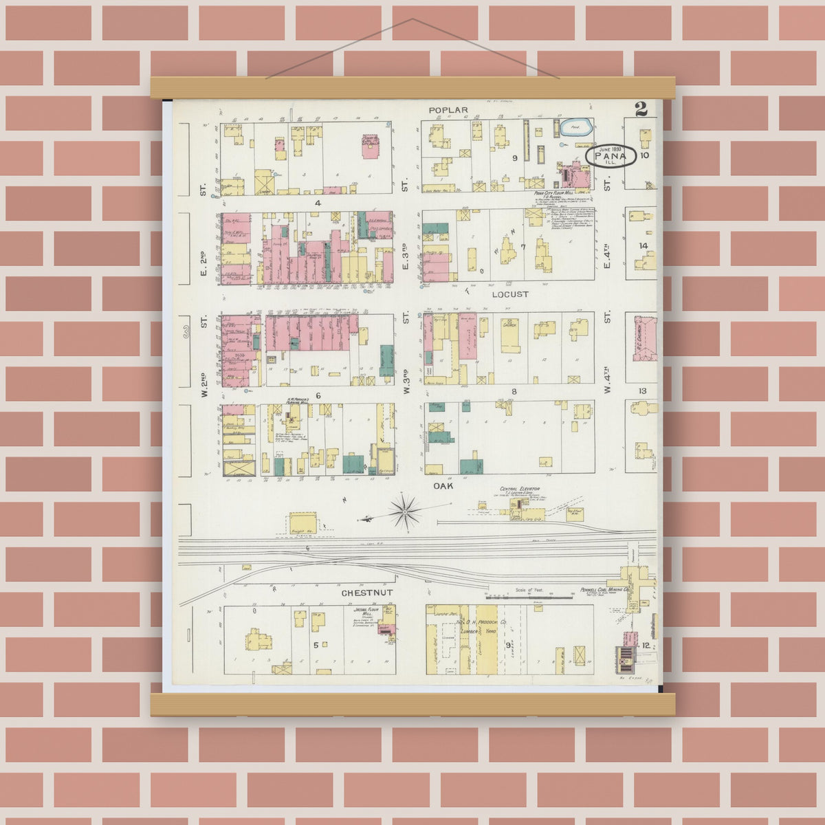 Old map wall art mockup — magnetic wood frame on brick wall — Sanborn Fire Insurance Map from Pana, Christian County, Illinois (1893), Sheet #0002