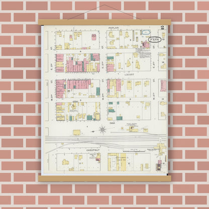 Old map wall art mockup — magnetic wood frame on brick wall — Sanborn Fire Insurance Map from Pana, Christian County, Illinois (1893), Sheet #0002