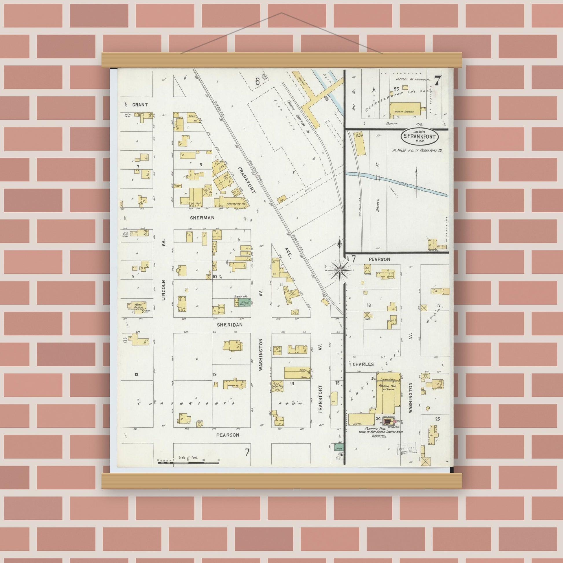 Old map wall art mockup — magnetic wood frame on brick wall — Sanborn Fire Insurance Map from Frankfort, Benzie County, Michigan (1899), Sheet #0007