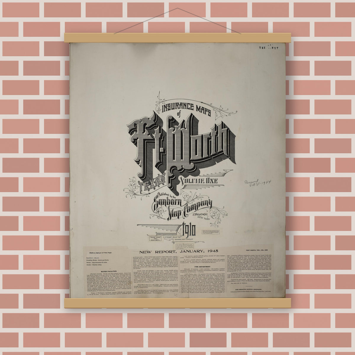 Old map wall art mockup — magnetic wood frame on brick wall — Sanborn Fire Insurance Map from Fort Worth, Tarrant County, Texas (1951), Sheet #0001