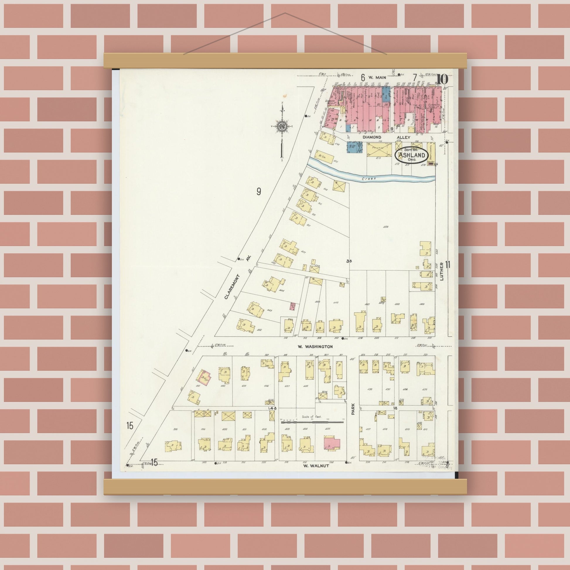 Old map wall art mockup — magnetic wood frame on brick wall — Sanborn Fire Insurance Map from Ashland, Ashland County, Ohio (1911), Sheet #0010