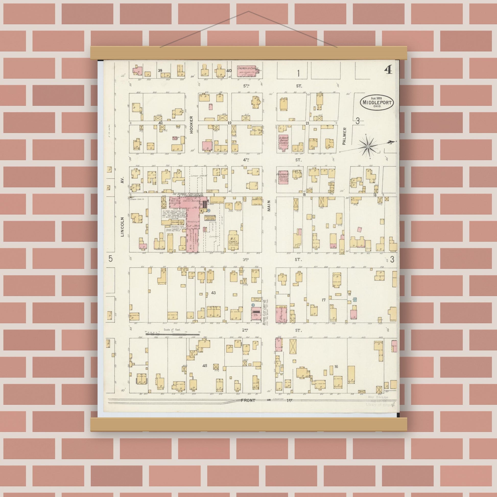 Old map wall art mockup — magnetic wood frame on brick wall — Sanborn Fire Insurance Map from Middleport, Meigs County, Ohio (1899), Sheet #0004