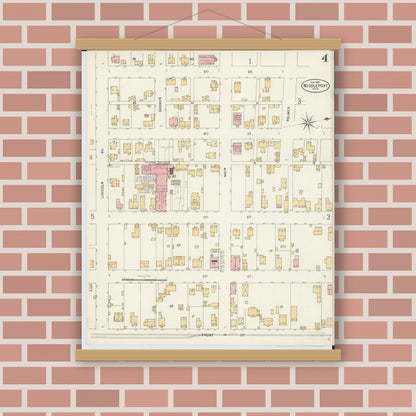 Old map wall art mockup — magnetic wood frame on brick wall — Sanborn Fire Insurance Map from Middleport, Meigs County, Ohio (1899), Sheet #0004