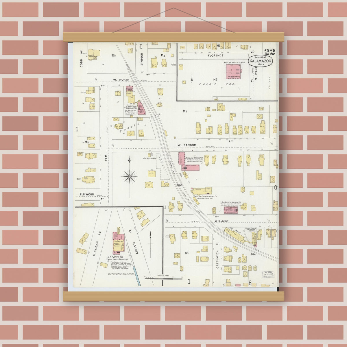 Old map wall art mockup — magnetic wood frame on brick wall — Sanborn Fire Insurance Map from Kalamazoo, Kalamazoo County, Michigan (1896), Sheet #0022