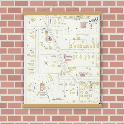 Old map wall art mockup — magnetic wood frame on brick wall — Sanborn Fire Insurance Map from Kalamazoo, Kalamazoo County, Michigan (1896), Sheet #0022