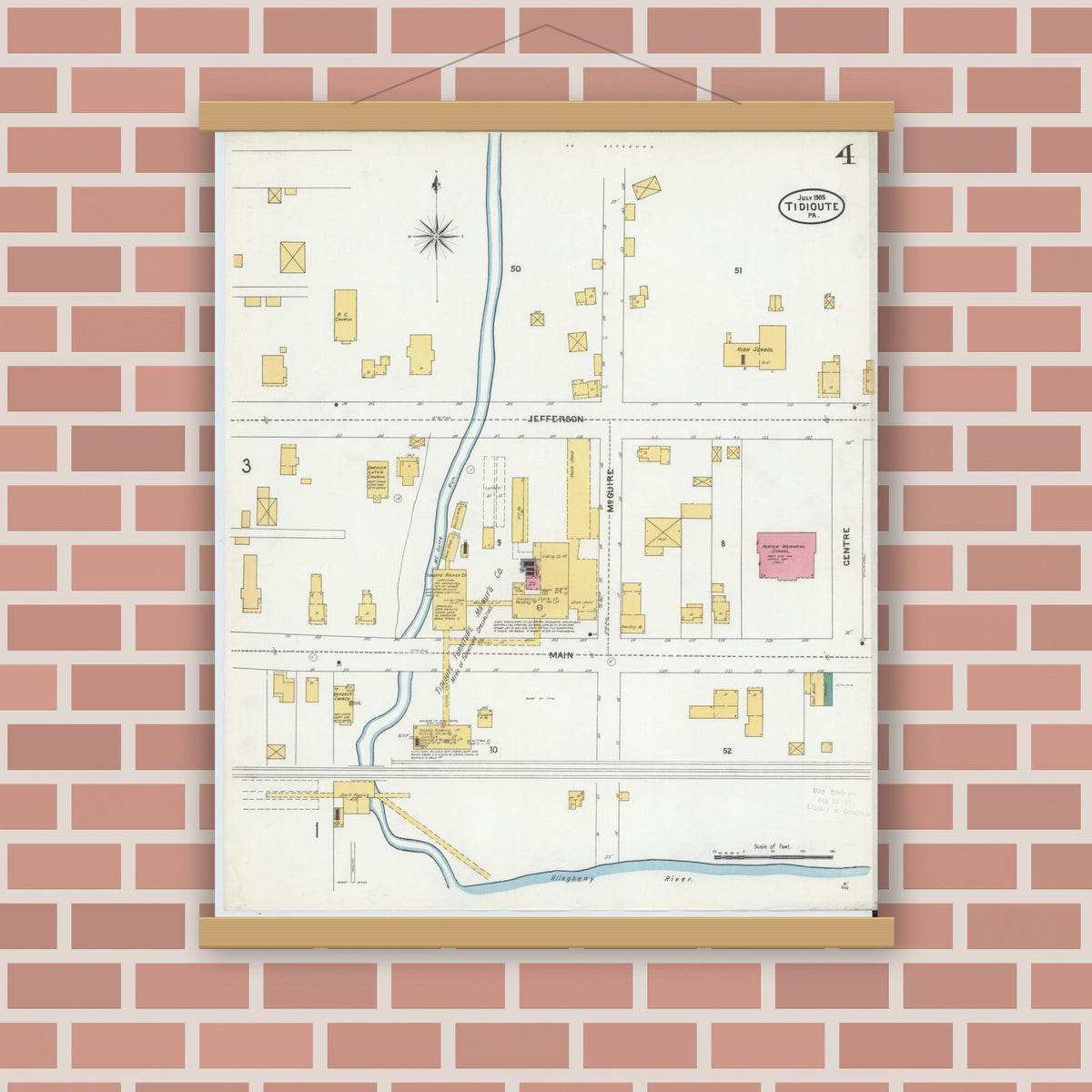 Old map wall art mockup — magnetic wood frame on brick wall — Sanborn Fire Insurance Map from Tidioute, Warren County, Pennsylvania (1905), Sheet #0004
