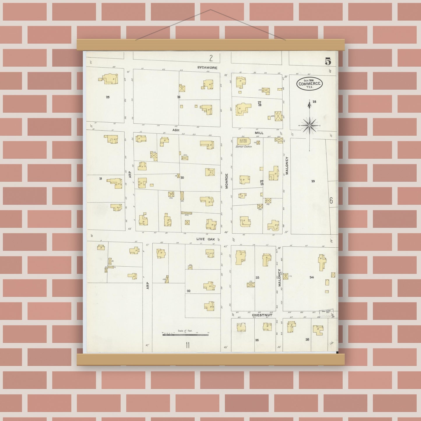 Old map wall art mockup — magnetic wood frame on brick wall — Sanborn Fire Insurance Map from Commerce, Hunt County, Texas (1906), Sheet #0005