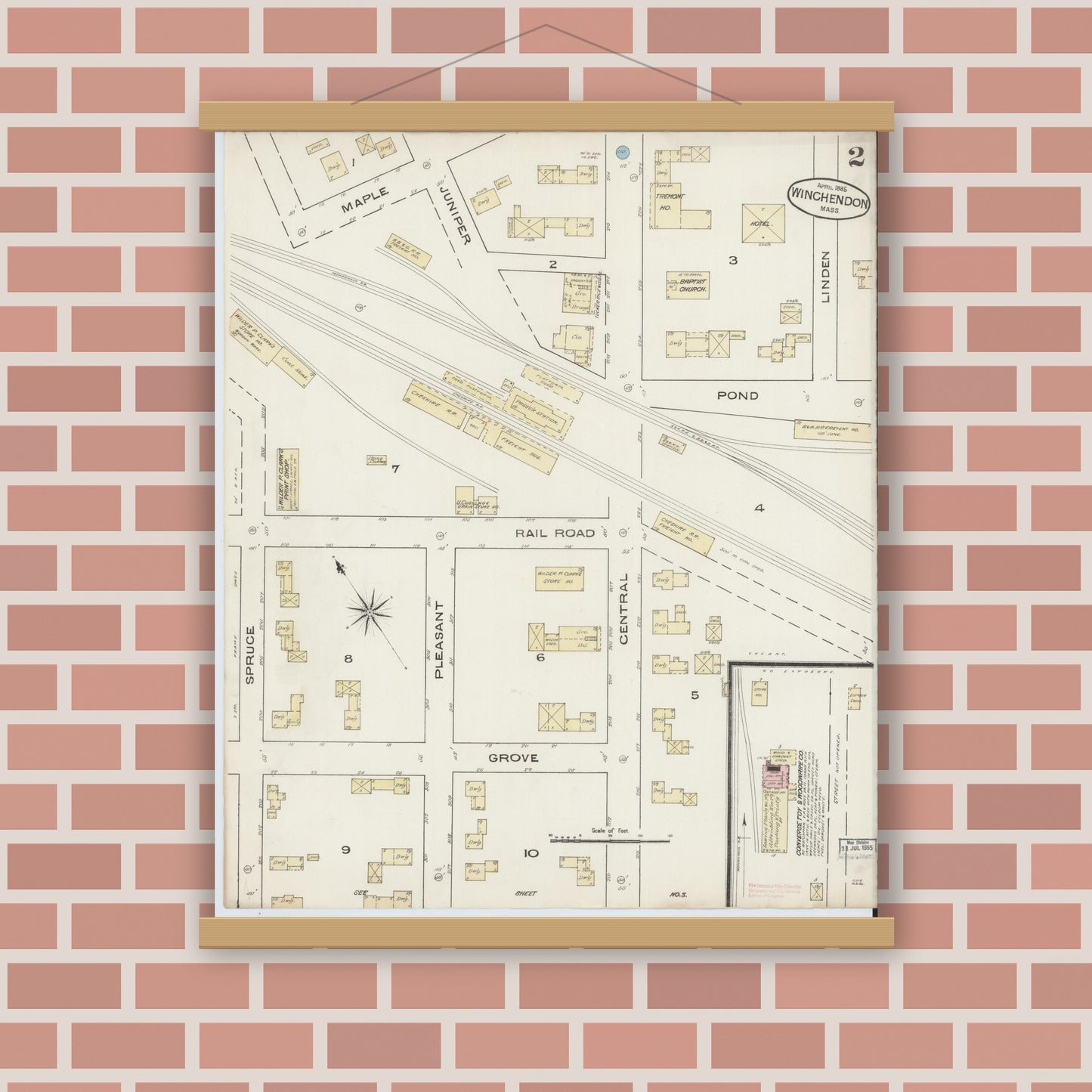 Old map wall art mockup — magnetic wood frame on brick wall — Sanborn Fire Insurance Map from Winchendon, Worcester County, Massachusetts (1885), Sheet #0002