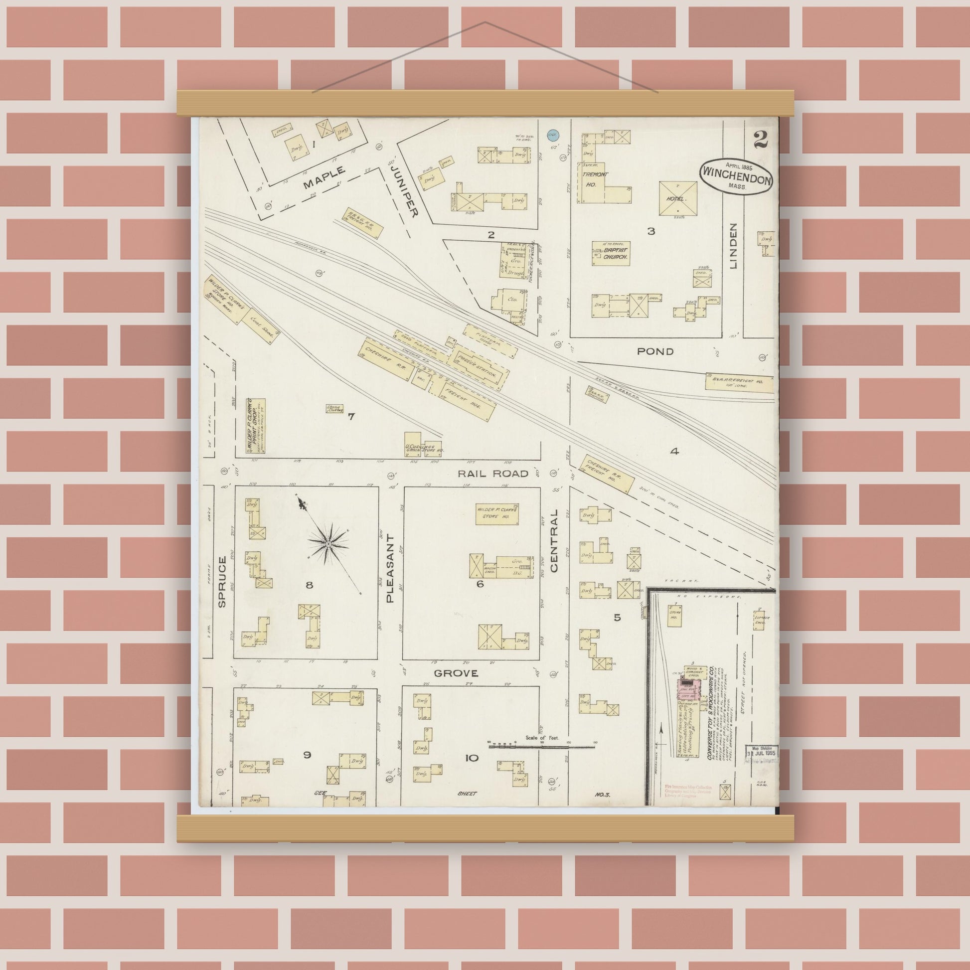Old map wall art mockup — magnetic wood frame on brick wall — Sanborn Fire Insurance Map from Winchendon, Worcester County, Massachusetts (1885), Sheet #0002