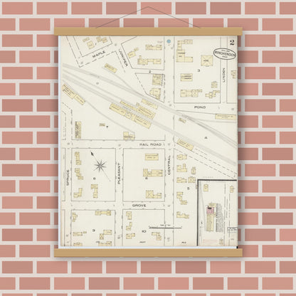 Old map wall art mockup — magnetic wood frame on brick wall — Sanborn Fire Insurance Map from Winchendon, Worcester County, Massachusetts (1885), Sheet #0002