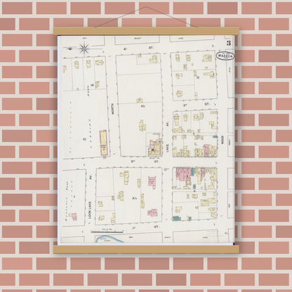 Old map wall art mockup — magnetic wood frame on brick wall — Sanborn Fire Insurance Map from Waseca, Waseca County, Minnesota (1889), Sheet #0003