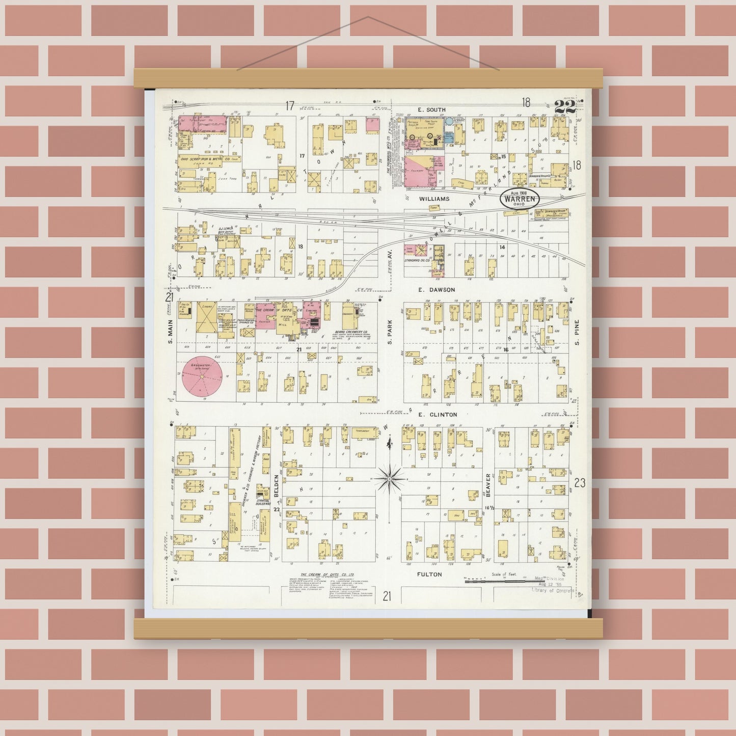 Old map wall art mockup — magnetic wood frame on brick wall — Sanborn Fire Insurance Map from Warren, Trumbull County, Ohio (1908), Sheet #0022