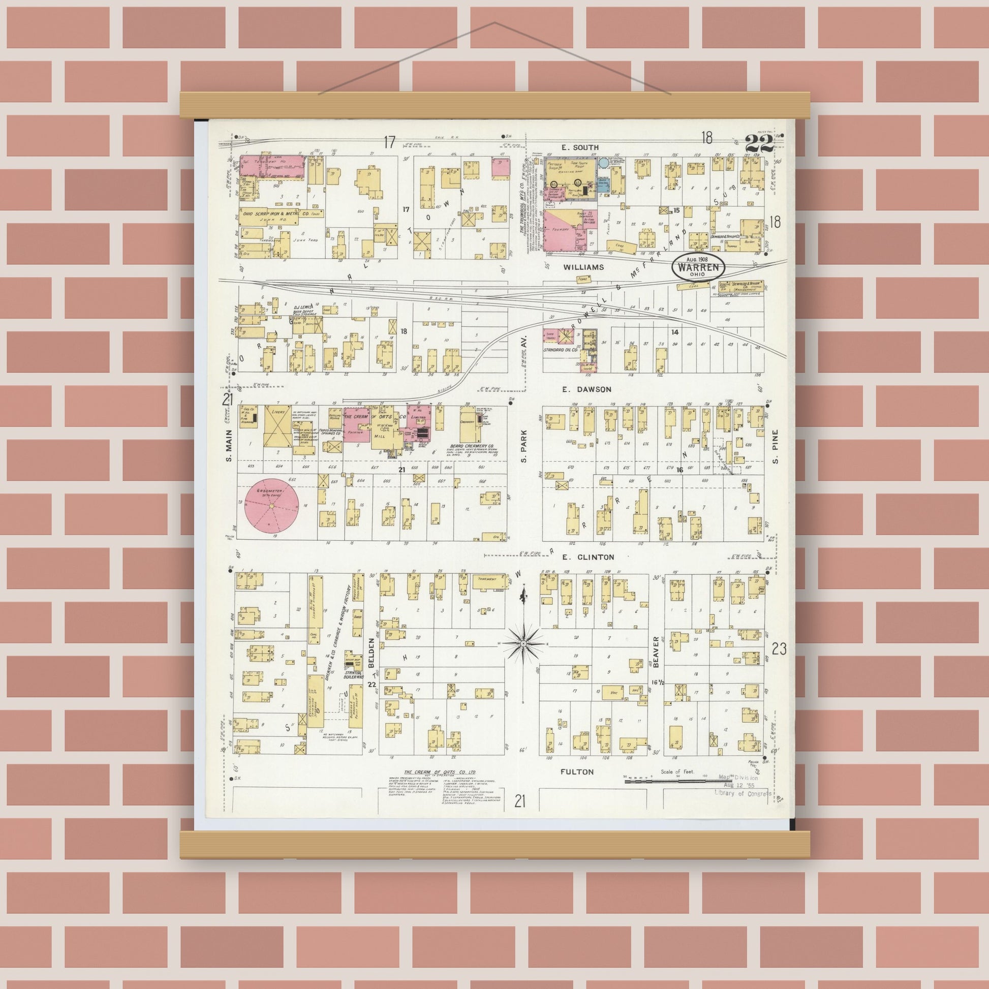 Old map wall art mockup — magnetic wood frame on brick wall — Sanborn Fire Insurance Map from Warren, Trumbull County, Ohio (1908), Sheet #0022
