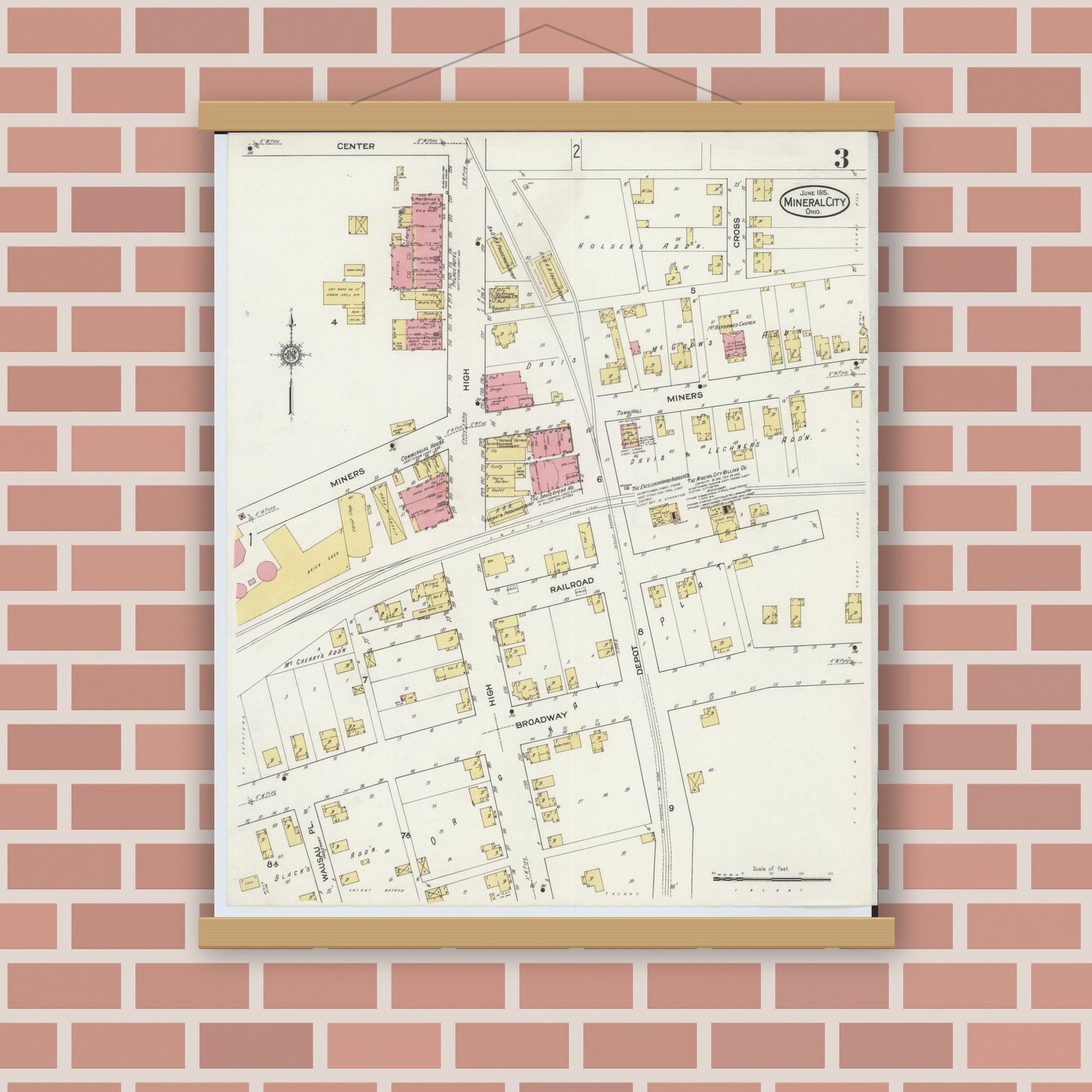 Old map wall art mockup — magnetic wood frame on brick wall — Sanborn Fire Insurance Map from Mineral City, Tuscarawas County, Ohio (1915), Sheet #0003