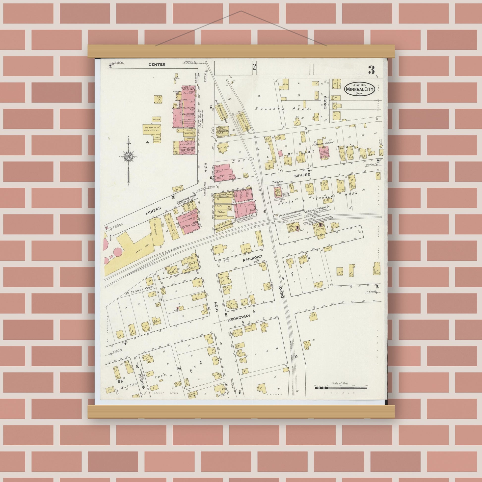 Old map wall art mockup — magnetic wood frame on brick wall — Sanborn Fire Insurance Map from Mineral City, Tuscarawas County, Ohio (1915), Sheet #0003