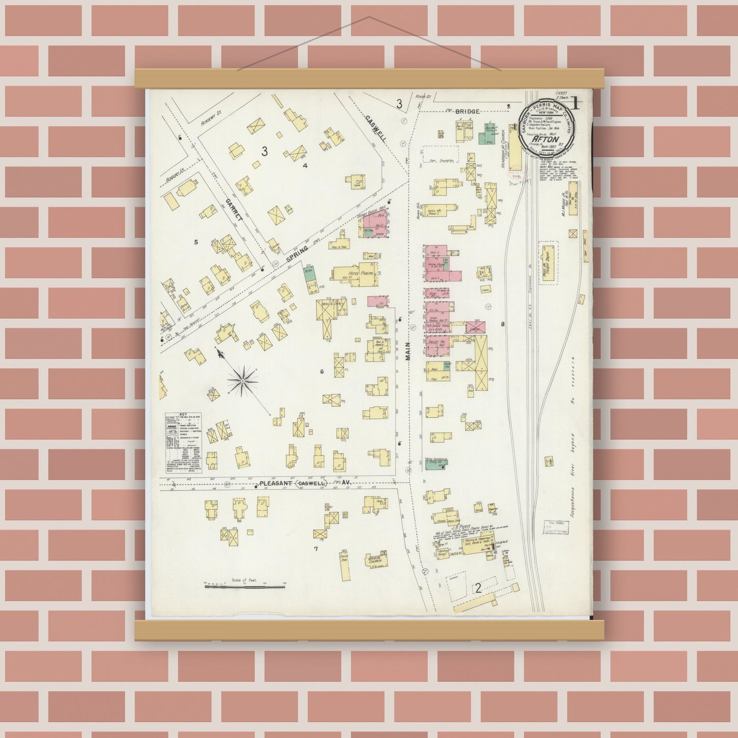 Old map wall art mockup — magnetic wood frame on brick wall — Sanborn Fire Insurance Map from Afton, Chenango County, New York (1897) - Complete Map Set