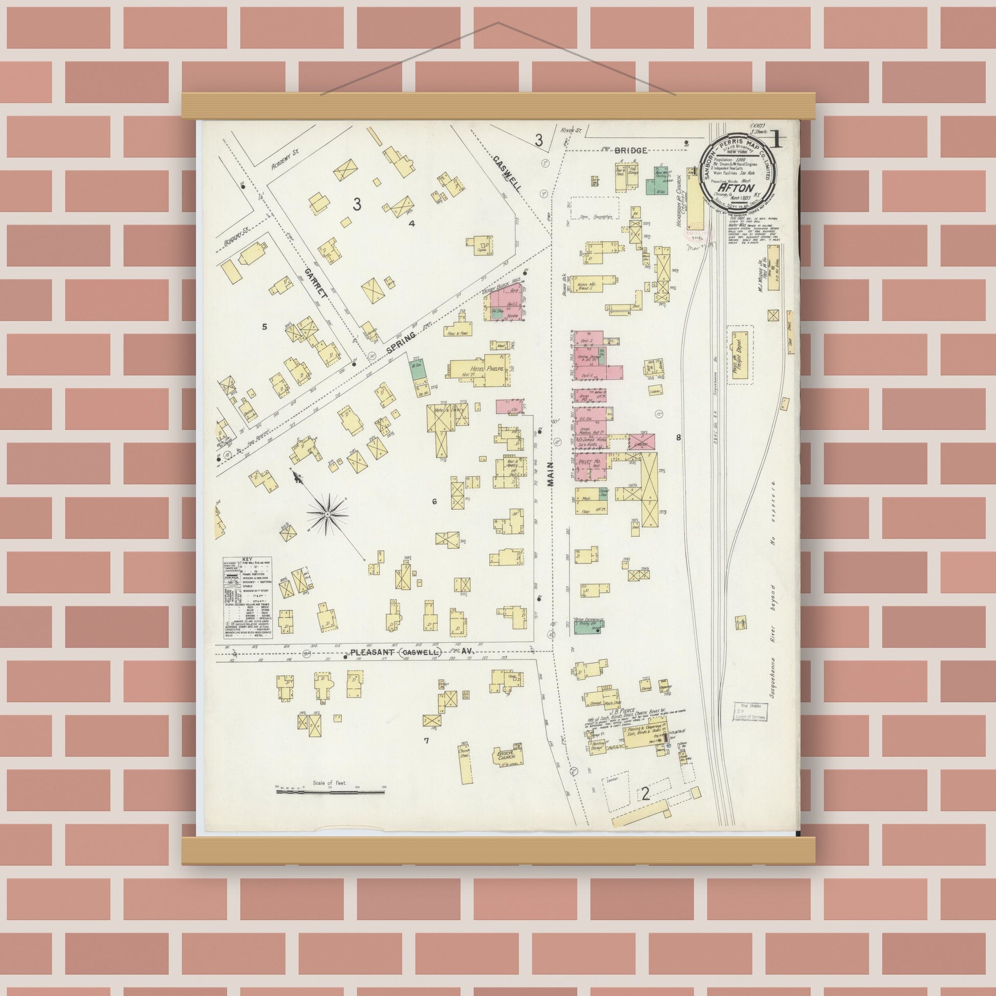 Old map wall art mockup — magnetic wood frame on brick wall — Sanborn Fire Insurance Map from Afton, Chenango County, New York (1897) - Complete Map Set