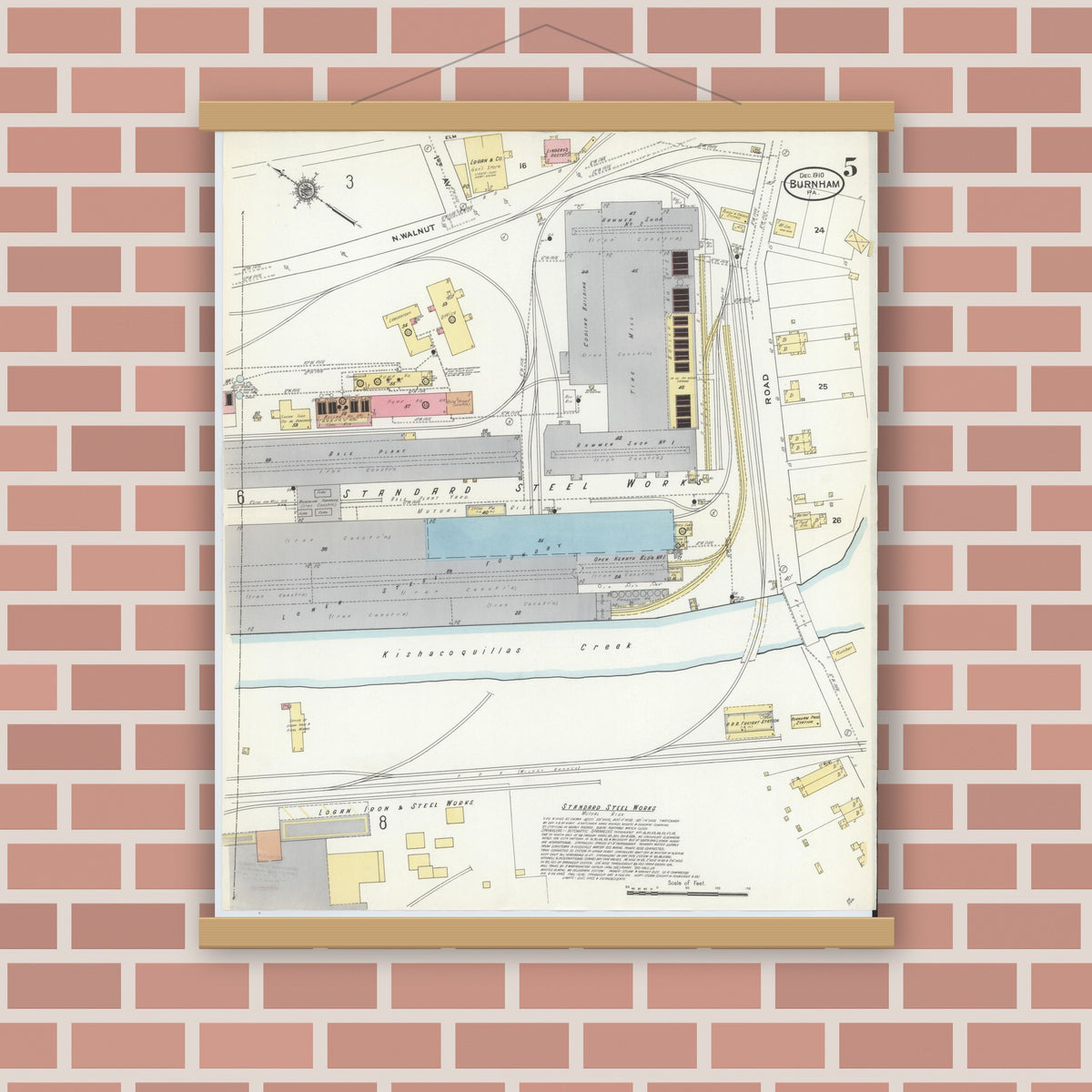 Old map wall art mockup — magnetic wood frame on brick wall — Sanborn Fire Insurance Map from Burnham, Mifflin County, Pennsylvania (1910), Sheet #0005