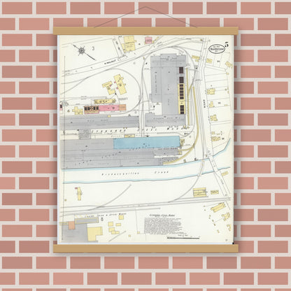 Old map wall art mockup — magnetic wood frame on brick wall — Sanborn Fire Insurance Map from Burnham, Mifflin County, Pennsylvania (1910), Sheet #0005