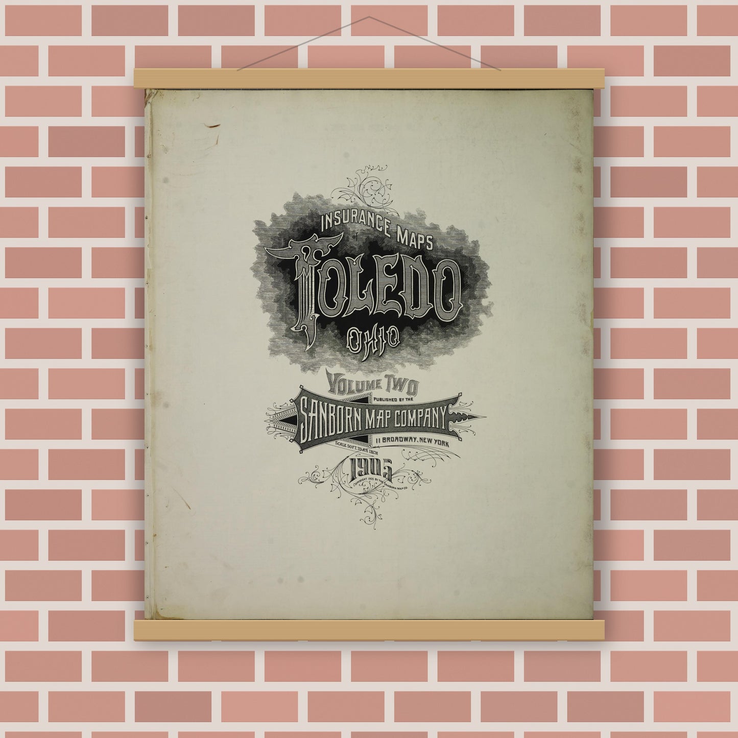 Old map wall art mockup — magnetic wood frame on brick wall — Sanborn Fire Insurance Map from Toledo, Lucas County, Ohio (1905), Sheet #0001