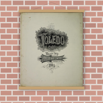Old map wall art mockup — magnetic wood frame on brick wall — Sanborn Fire Insurance Map from Toledo, Lucas County, Ohio (1905), Sheet #0001
