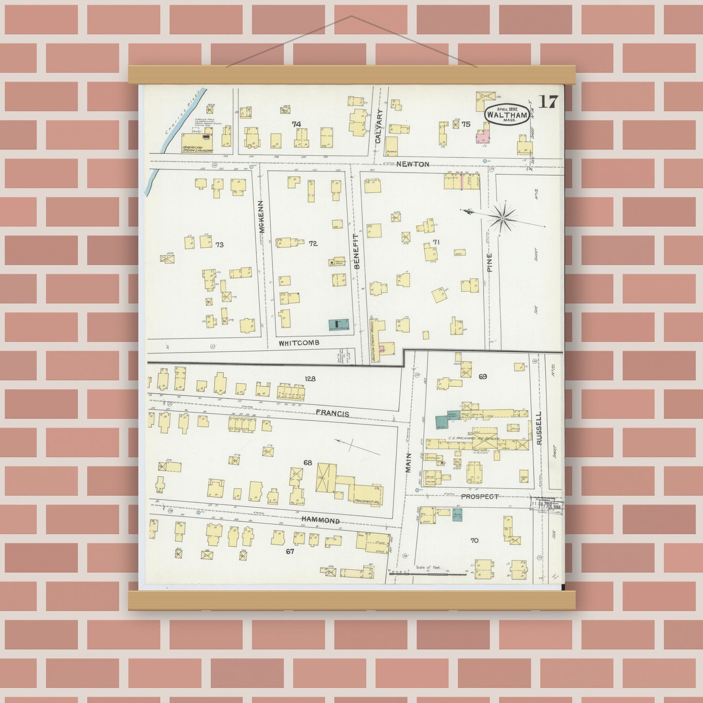 Old map wall art mockup — magnetic wood frame on brick wall — Sanborn Fire Insurance Map from Waltham, Middlesex County, Massachusetts (1892), Sheet #0017