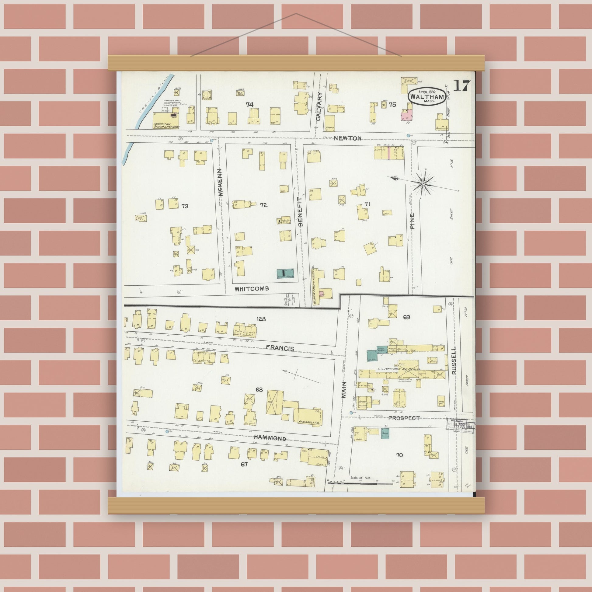 Old map wall art mockup — magnetic wood frame on brick wall — Sanborn Fire Insurance Map from Waltham, Middlesex County, Massachusetts (1892), Sheet #0017