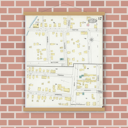 Old map wall art mockup — magnetic wood frame on brick wall — Sanborn Fire Insurance Map from Waltham, Middlesex County, Massachusetts (1892), Sheet #0017