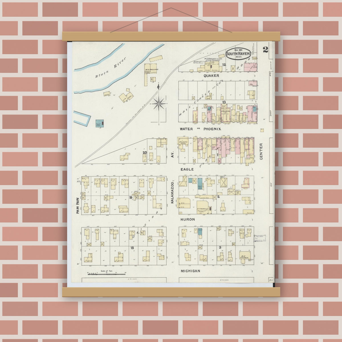 Old map wall art mockup — magnetic wood frame on brick wall — Sanborn Fire Insurance Map from South Haven, Van Buren County, Michigan (1891), Sheet #0002