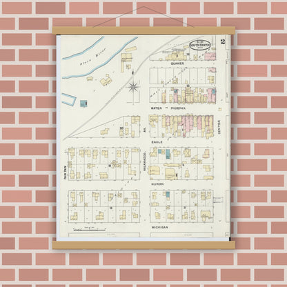 Old map wall art mockup — magnetic wood frame on brick wall — Sanborn Fire Insurance Map from South Haven, Van Buren County, Michigan (1891), Sheet #0002