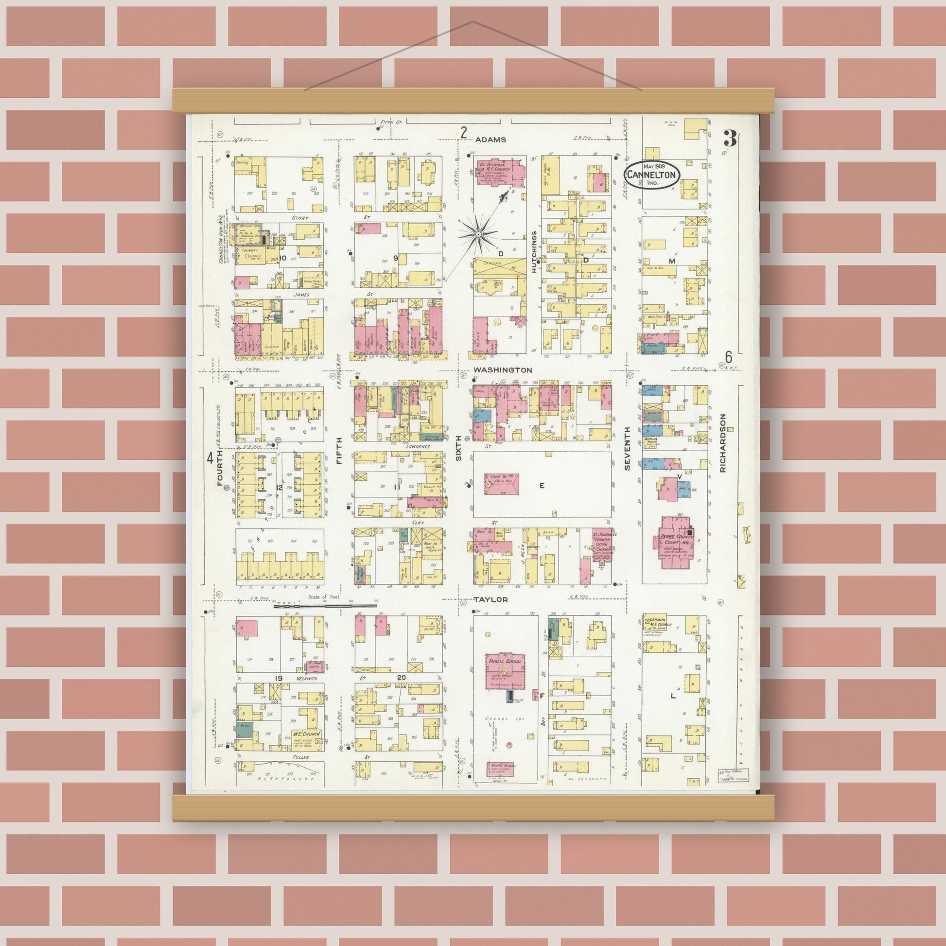 Old map wall art mockup — magnetic wood frame on brick wall — Sanborn Fire Insurance Map from Cannelton, Perry County, Indiana (1909), Sheet #0003