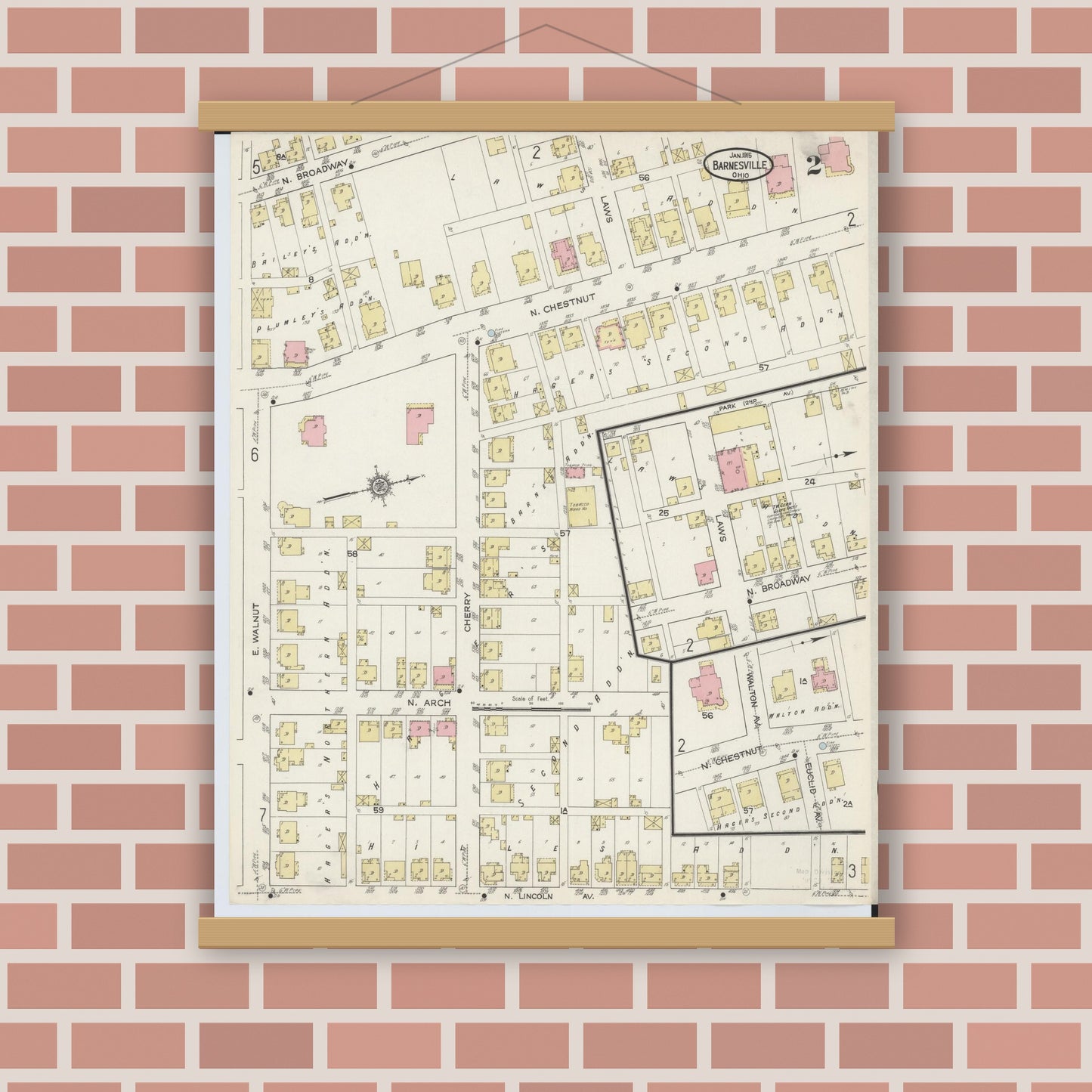 Old map wall art mockup — magnetic wood frame on brick wall — Sanborn Fire Insurance Map from Barnesville, Belmont County, Ohio (1915), Sheet #0002