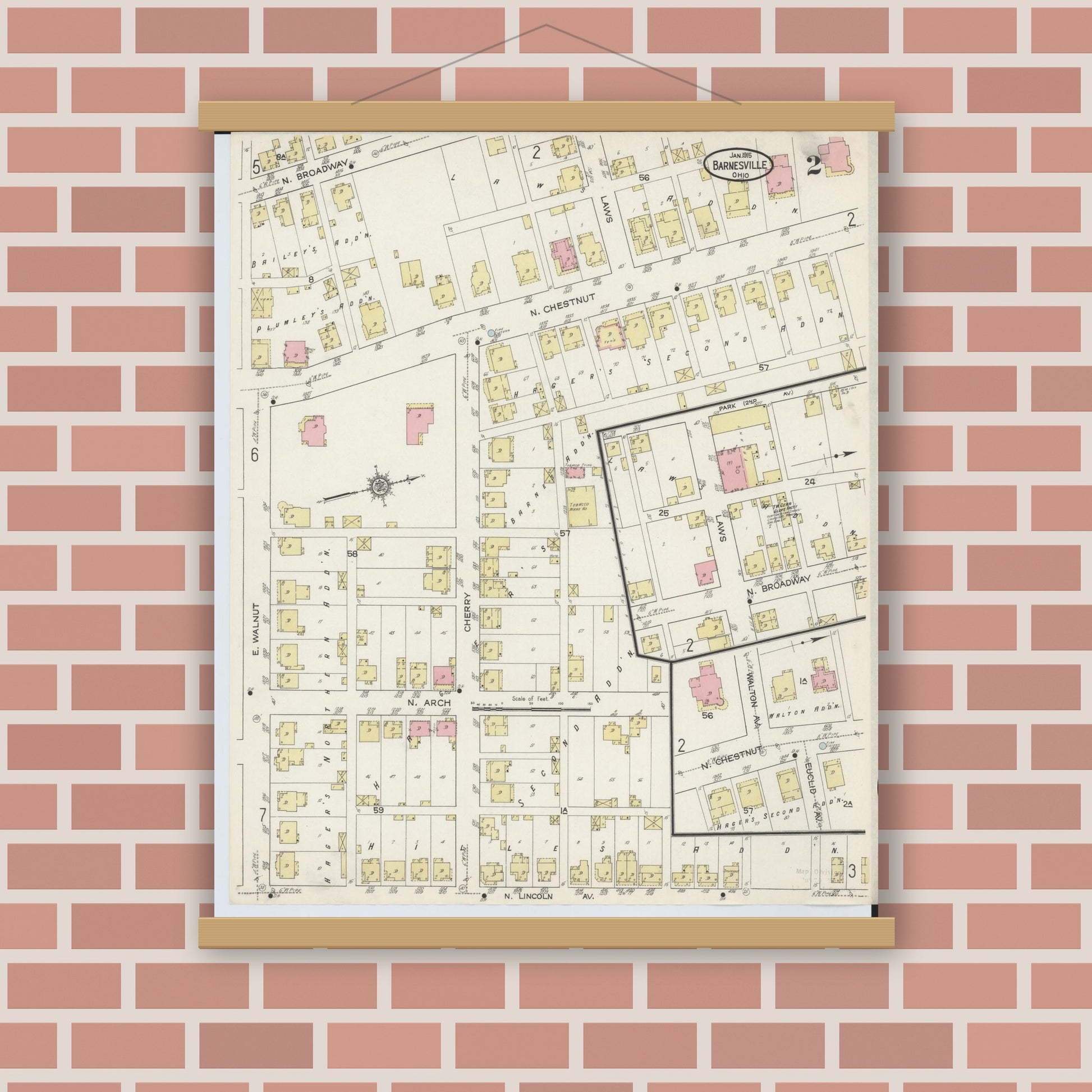 Old map wall art mockup — magnetic wood frame on brick wall — Sanborn Fire Insurance Map from Barnesville, Belmont County, Ohio (1915), Sheet #0002