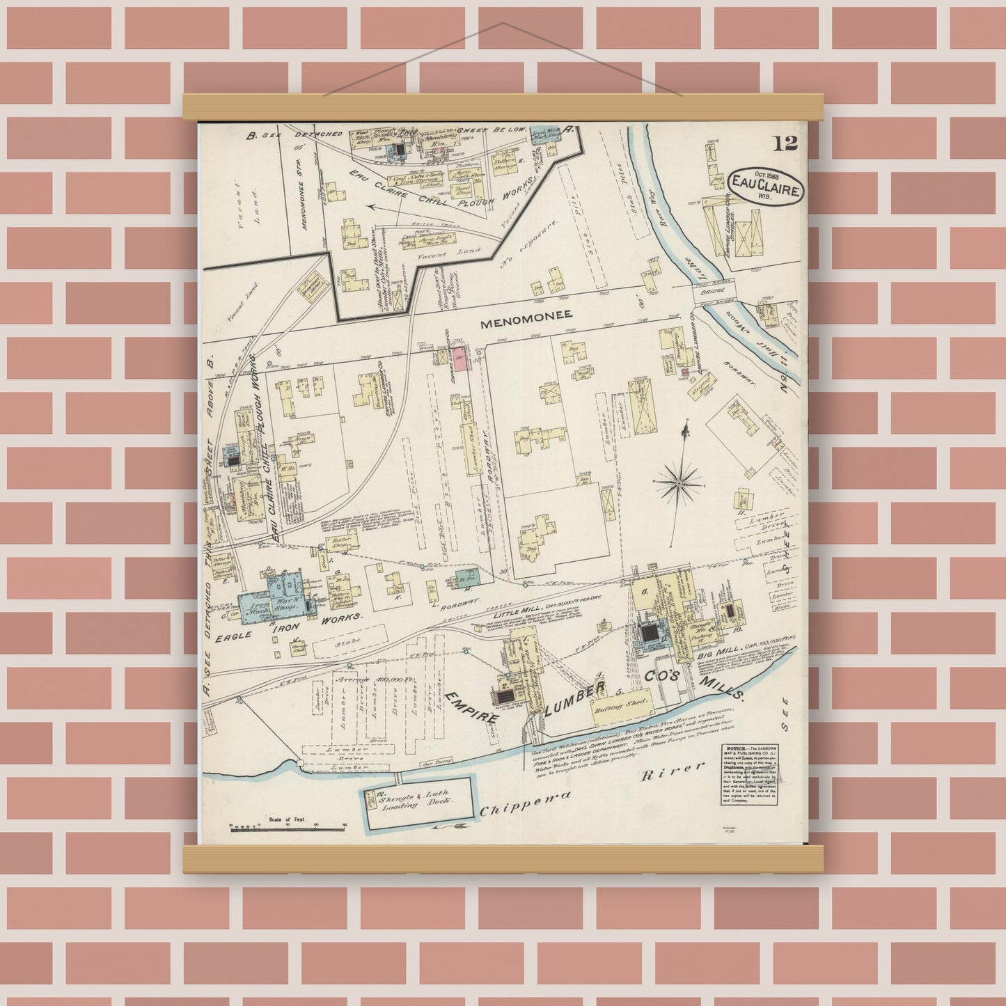 Old map wall art mockup — magnetic wood frame on brick wall — Sanborn Fire Insurance Map from Eau Claire, Eau Claire County, Wisconsin (1883), Sheet #0012