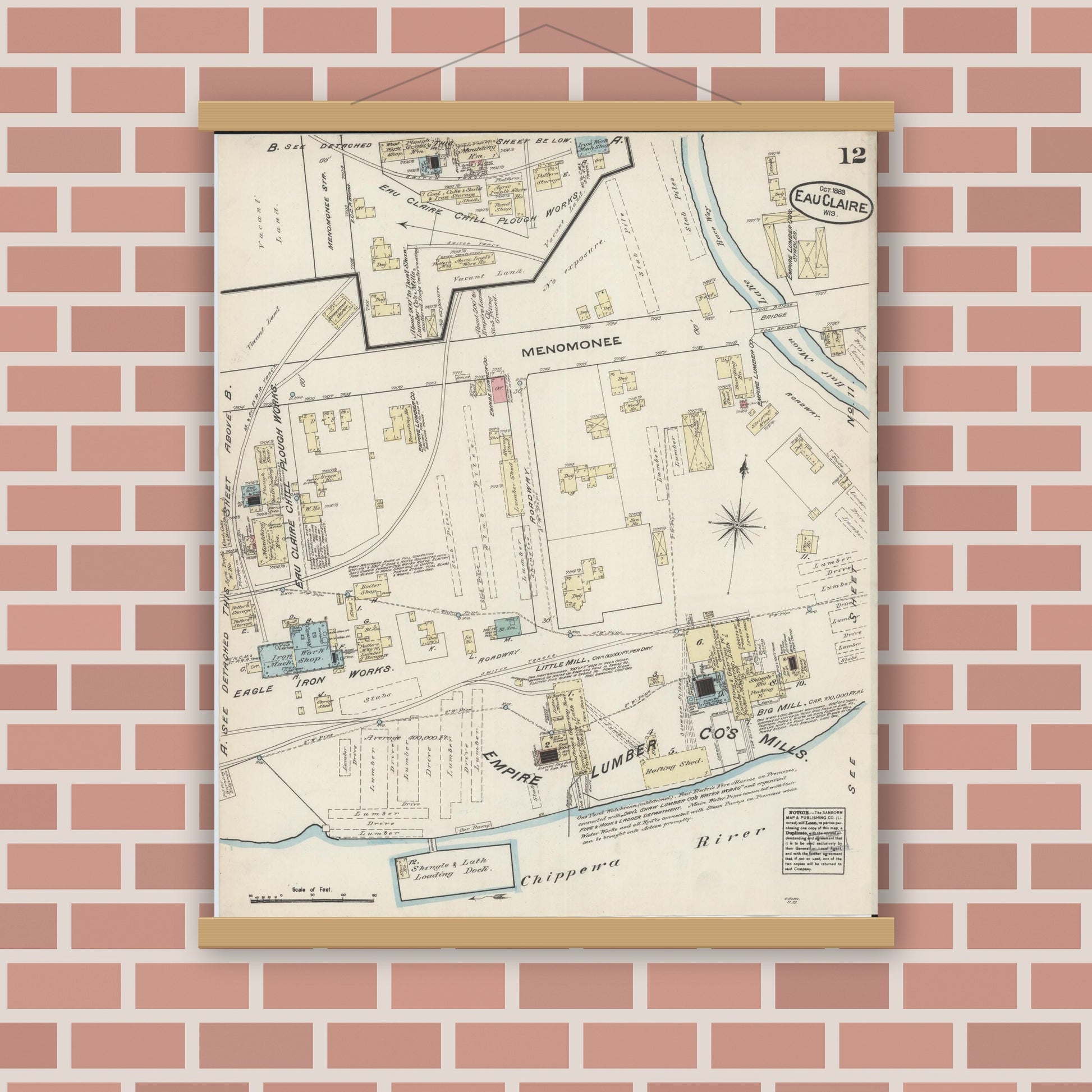 Old map wall art mockup — magnetic wood frame on brick wall — Sanborn Fire Insurance Map from Eau Claire, Eau Claire County, Wisconsin (1883), Sheet #0012