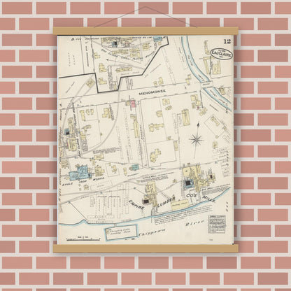 Old map wall art mockup — magnetic wood frame on brick wall — Sanborn Fire Insurance Map from Eau Claire, Eau Claire County, Wisconsin (1883), Sheet #0012
