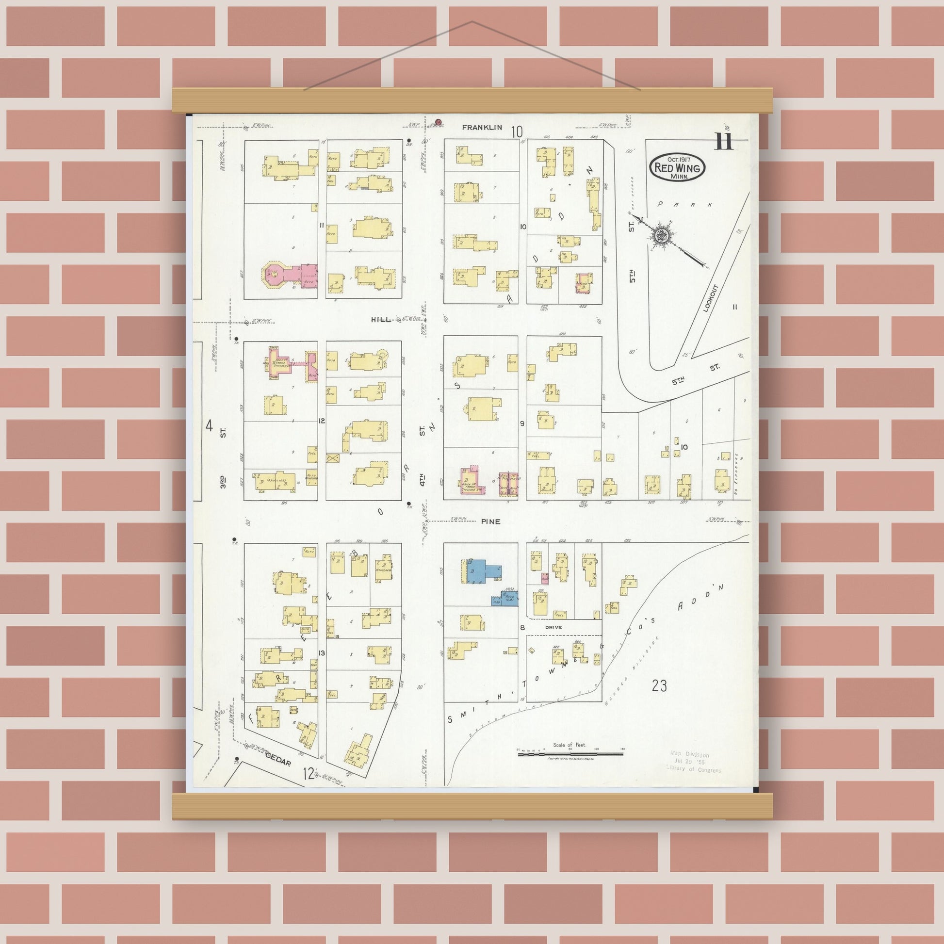 Old map wall art mockup — magnetic wood frame on brick wall — Sanborn Fire Insurance Map from Red Wing, Goodhue County, Minnesota (1917), Sheet #0011