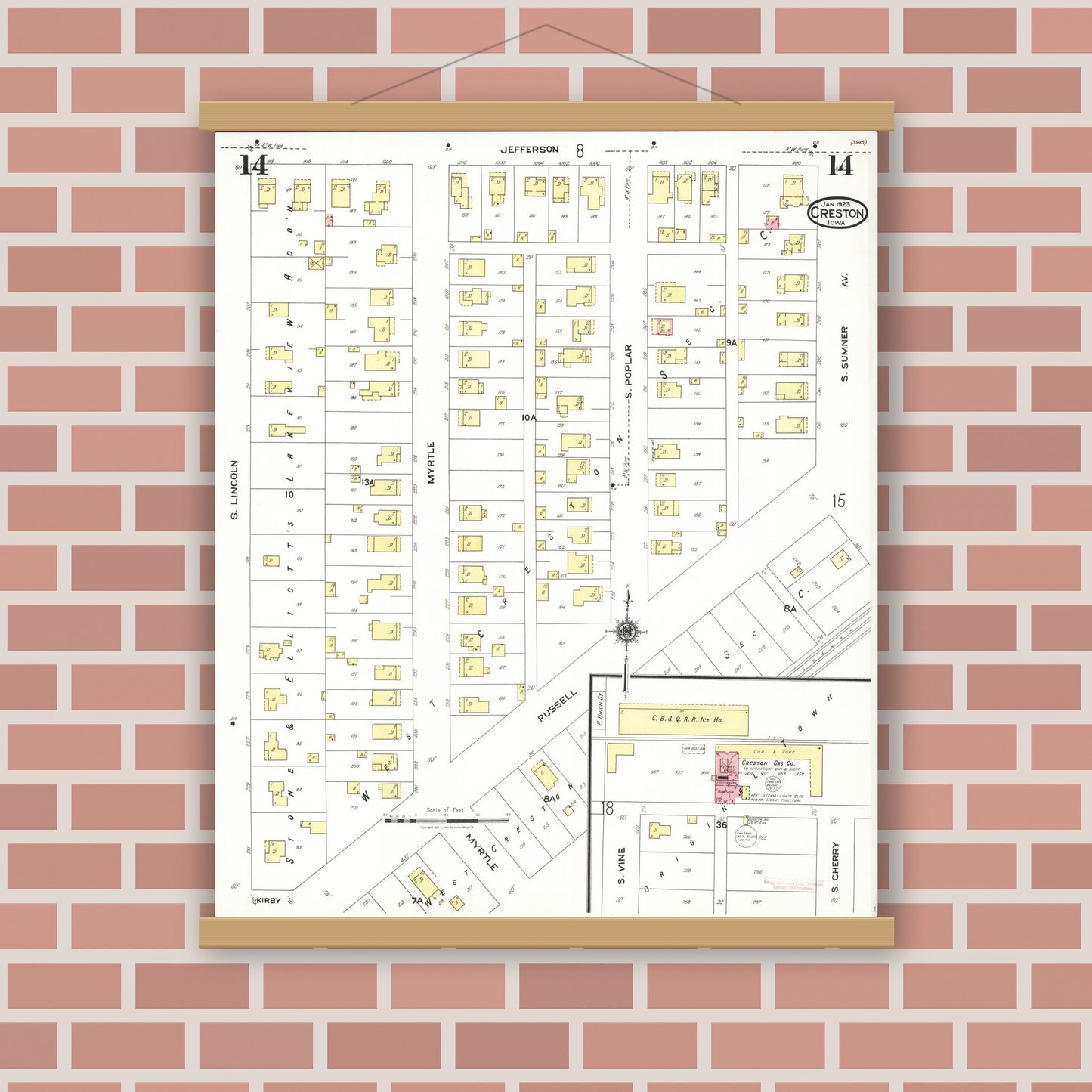 Old map wall art mockup — magnetic wood frame on brick wall — Sanborn Fire Insurance Map from Creston, Union County, Iowa (1923), Sheet #0014